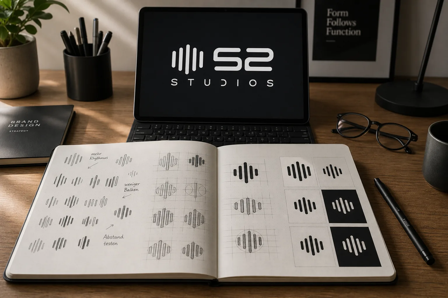 52 Studios Logo-Design-Prozess — Skizzenbuch mit Waveform-Studien neben dem finalen Logo auf dem Tablet, Logoentwicklung von Emrach
