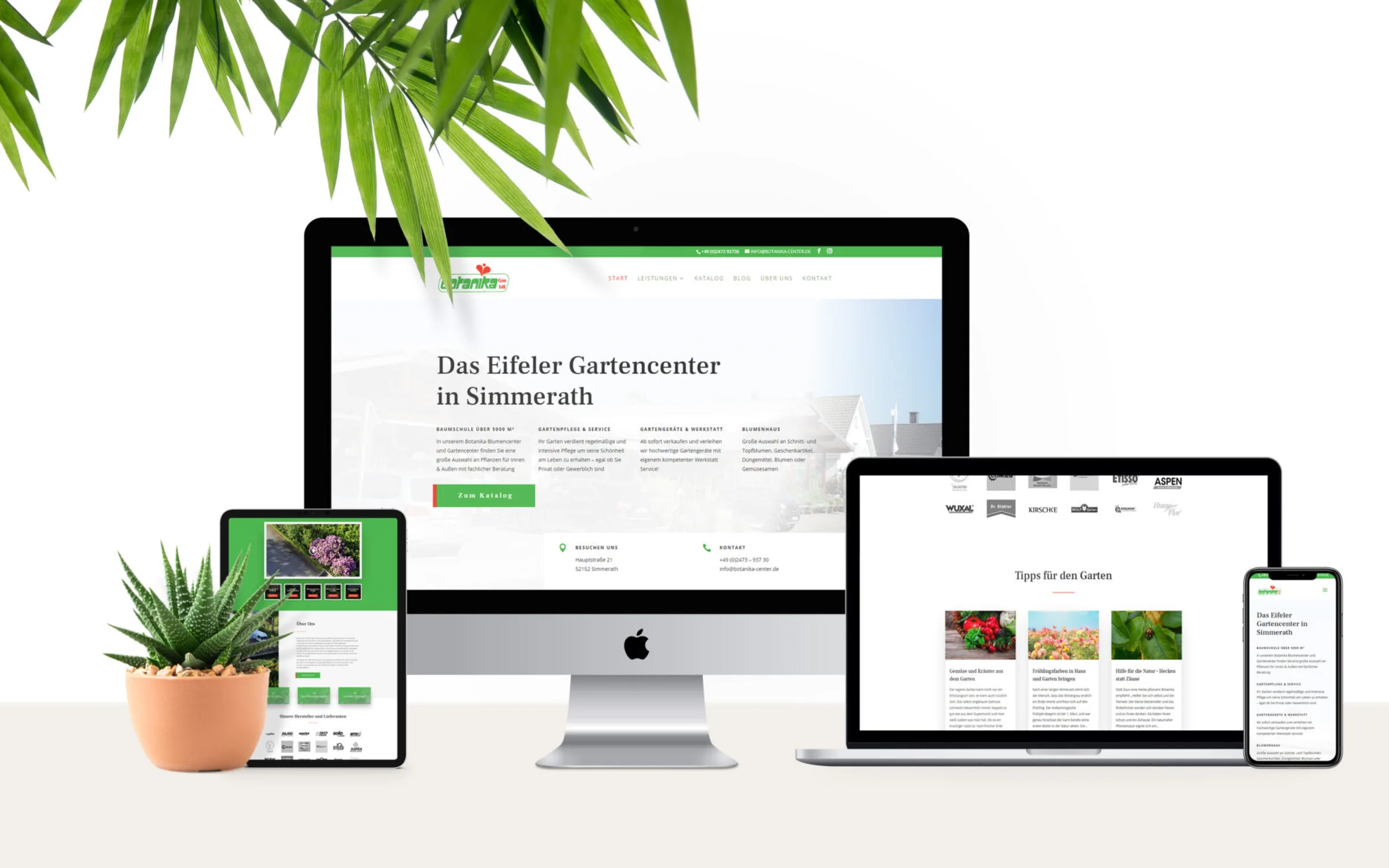 Botanika Center Webdesign — Multi-Device-Panorama mit iPad, iMac, MacBook und iPhone, WordPress-Webdesign von Emrach aus Aachen
