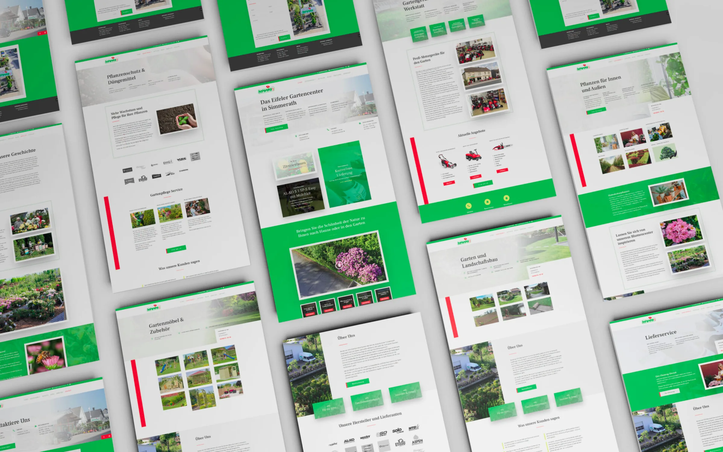 Botanika Center Webdesign — isometrische 3D-Mosaic-Ansicht aller Seiten: Pflanzenschutz, Gartenmöbel, Gartengeräte-Werkstatt, Profi-Motorgeräte, Pflanzen Innen & Außen, Garten-Landschaftsbau, Lieferservice, Blog und Über Uns — WordPress-Webdesign von eoglou aus Aachen