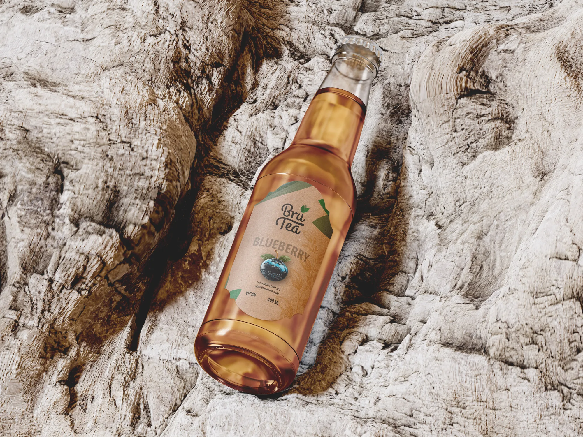 BruTea Glasflasche — Studio-Iteration 1 auf Stein-Hintergrund, Brand & Packaging Design von Emrach aus Aachen