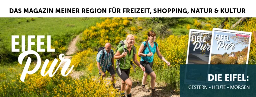 Eifel Pur Facebook-Cover — Wandernde Frauen in Eifeler Ginsterfeldern mit Magazin-Mockups und Tagline »Die Eifel: gestern · heute · morgen«, Webdesign von Emrach aus Aachen