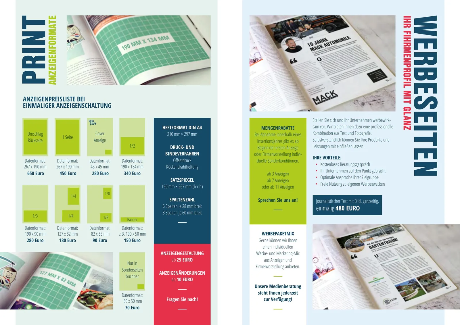 Eifel Pur Mediadaten 2020 — Innenseite mit Anzeigenpreisliste, Print-Anzeigenformaten und Werbeseiten, Design von Emrach aus Aachen