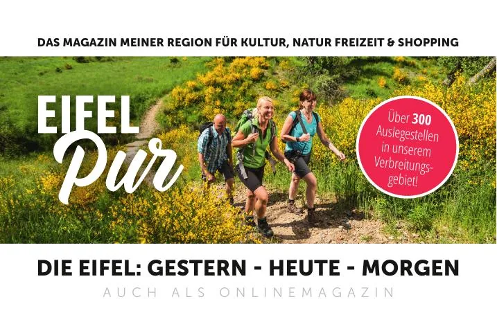 Eifel Pur Visitenkarte — Rückseite mit Magazin-Tagline »Die Eifel: gestern · heute · morgen« und »Über 300 Auslegestellen«, Print-Design
