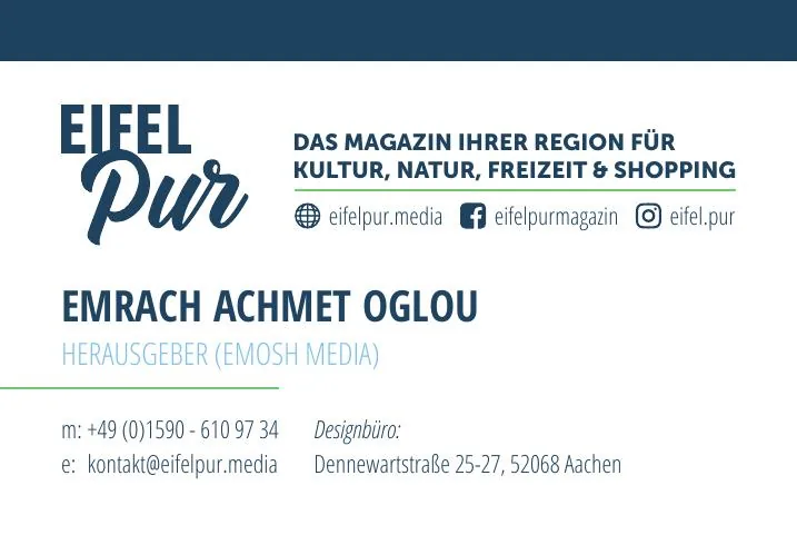 Eifel Pur Visitenkarte — Vorderseite mit Logo, Kontaktdaten von Emrach Achmet Oglou als Herausgeber (Emosh Media), Print-Design