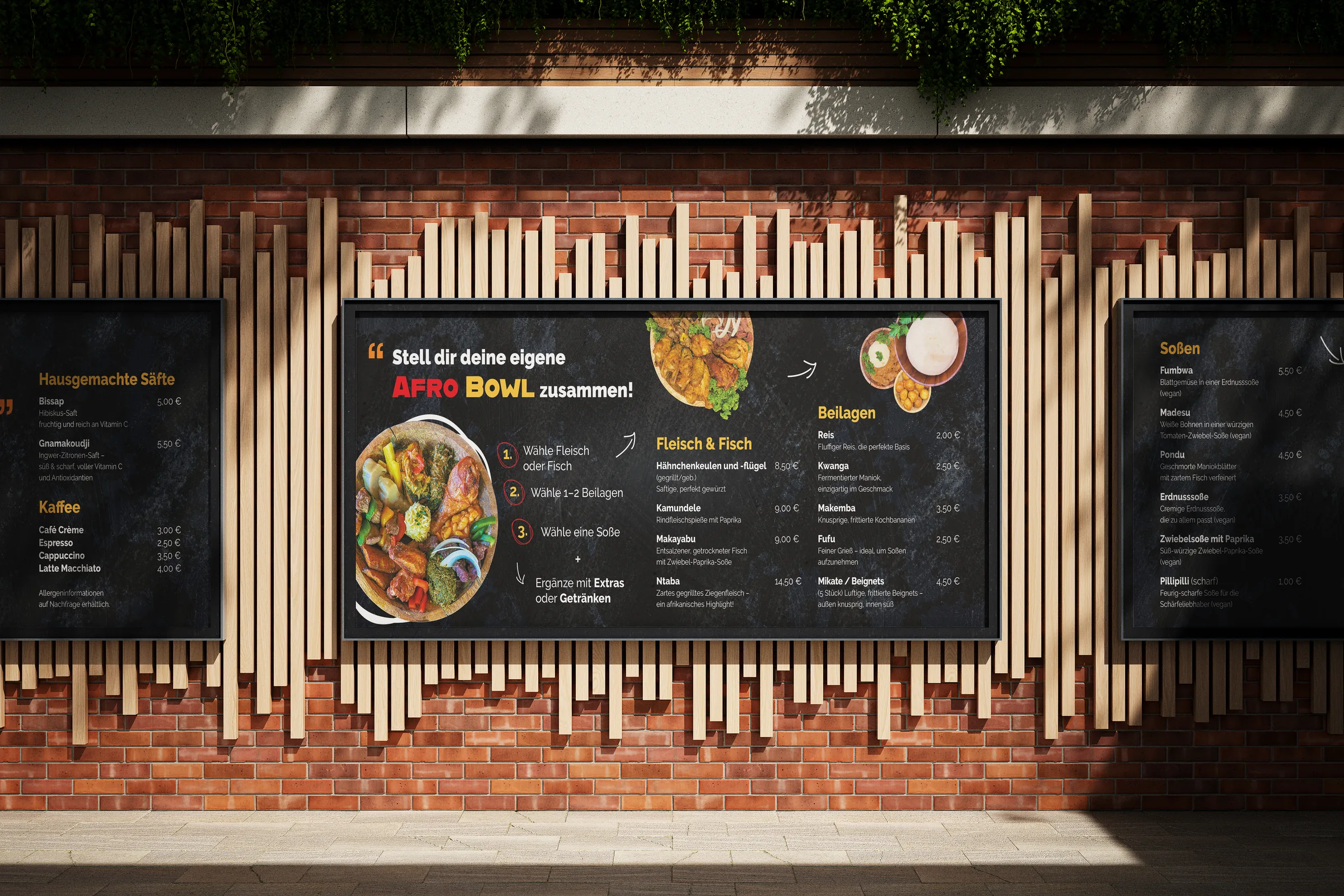 Mam's Food Außenbeschilderung Konzept-Mockup — Menütafel mit AfroBowl-Aufbau, Corporate Design von Emrach aus Aachen