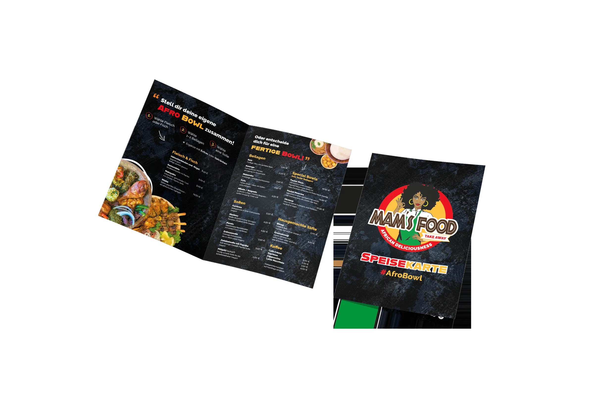 Mam's Food Speisekarte — Mittelfalz im Studio-Setting mit AfroBowl-Konzept, Fleisch & Fisch, Beilagen, Soßen, Säfte und Kaffee, Corporate Design von eoglou aus Aachen