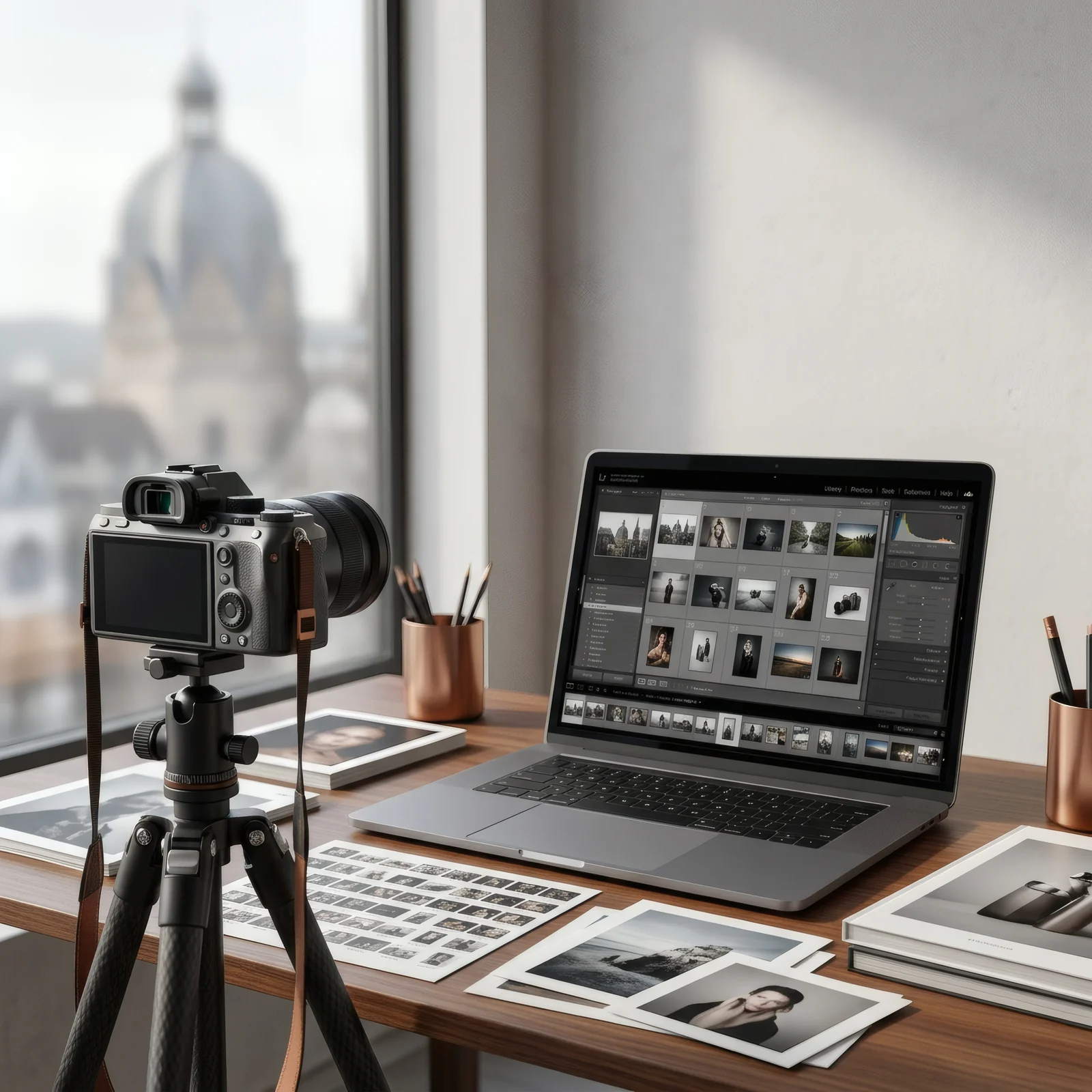 Fotograf aus Aachen bei der Arbeit &mdash; Kamera, Lightroom-Bibliothek und Aachener Dom im Hintergrund