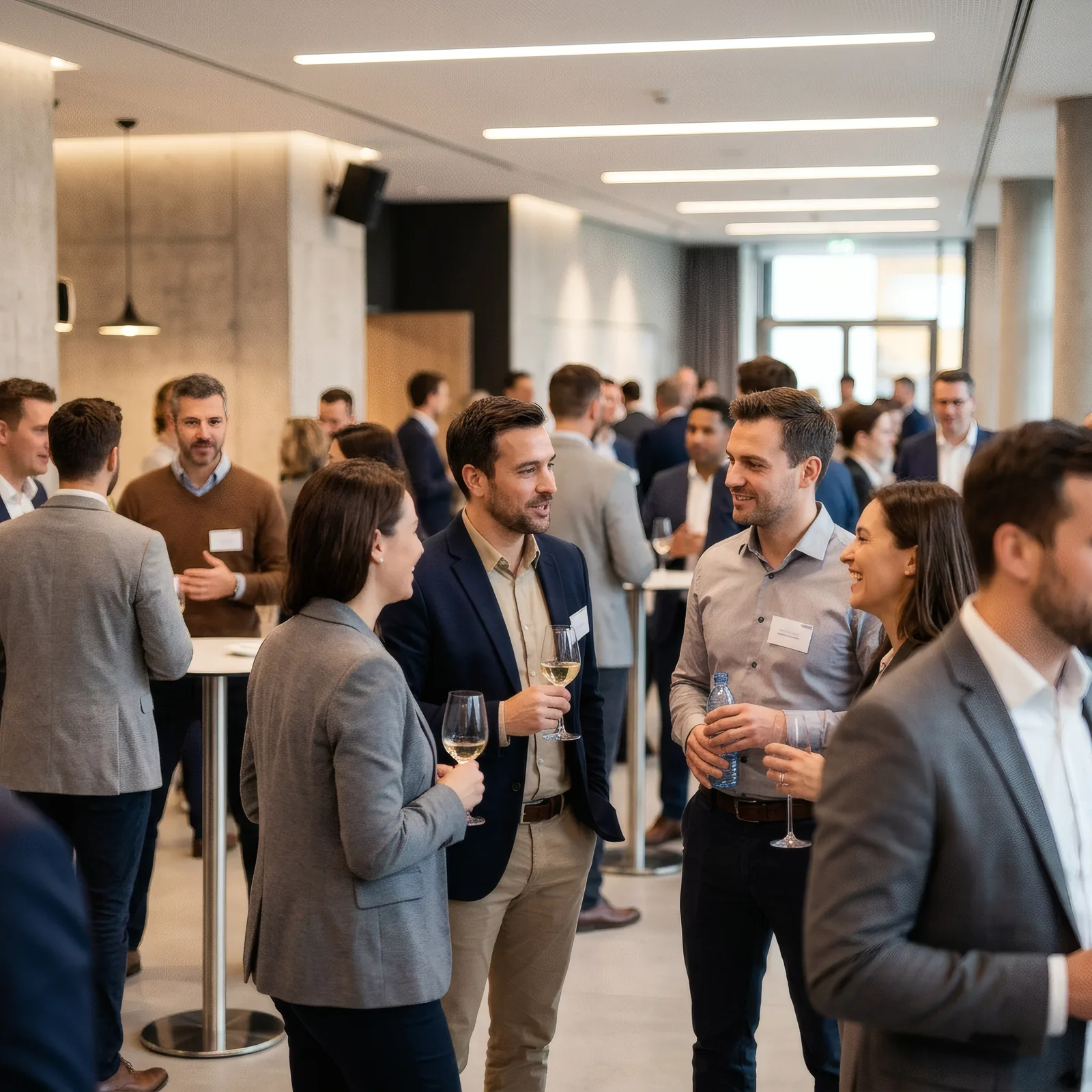 Networking-Empfang in modernem Konferenz-Foyer mit warmem Licht und unscharfem Hintergrund — Beispiel für Event-Reportage neben Bühnen-Aufnahmen