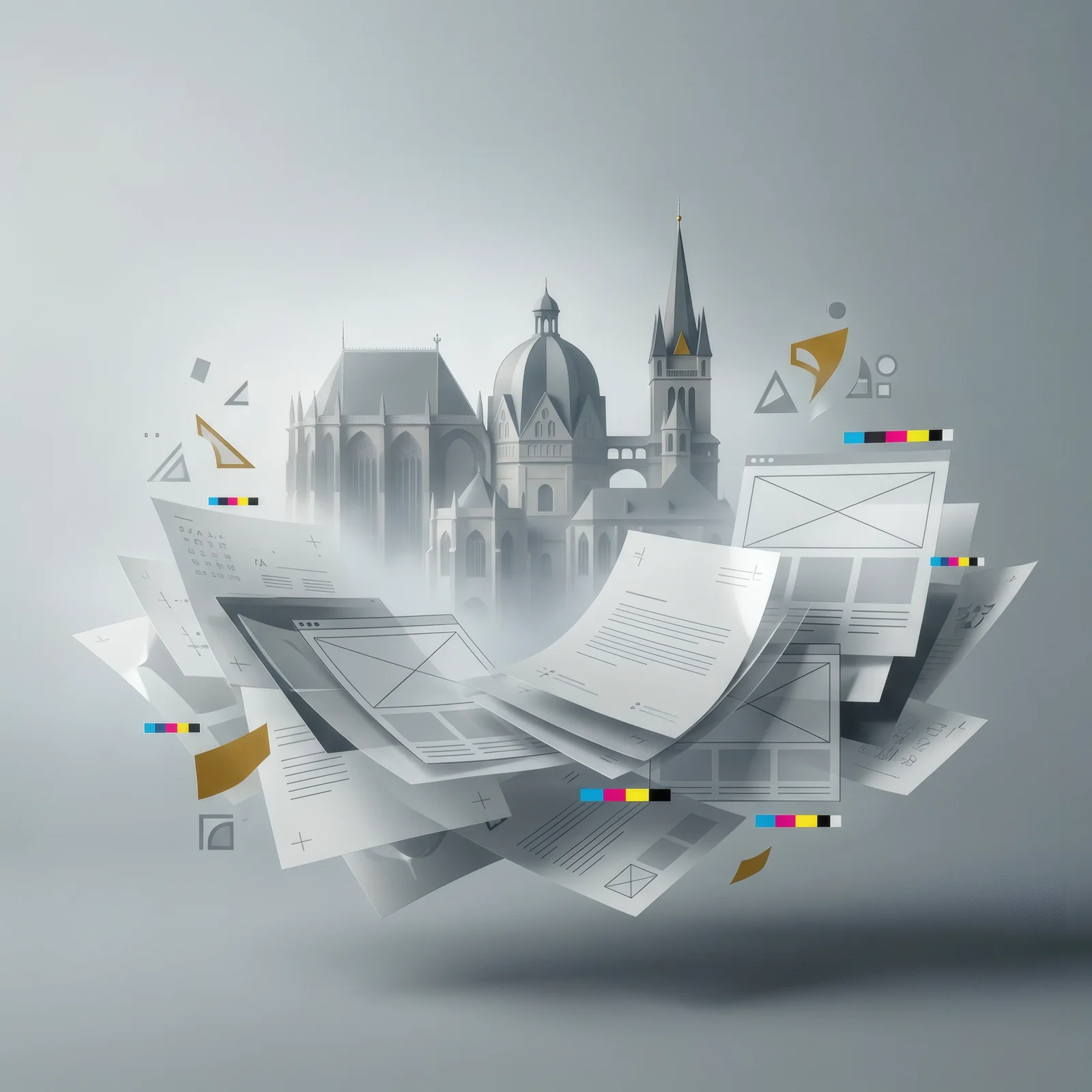 Aachener Dom als nebliger Hintergrund umrahmt von schwebenden Print-Layouts, Druckbögen und CMYK-Farbkontrollstreifen — Hero-Visual Grafikdesign aus Aachen