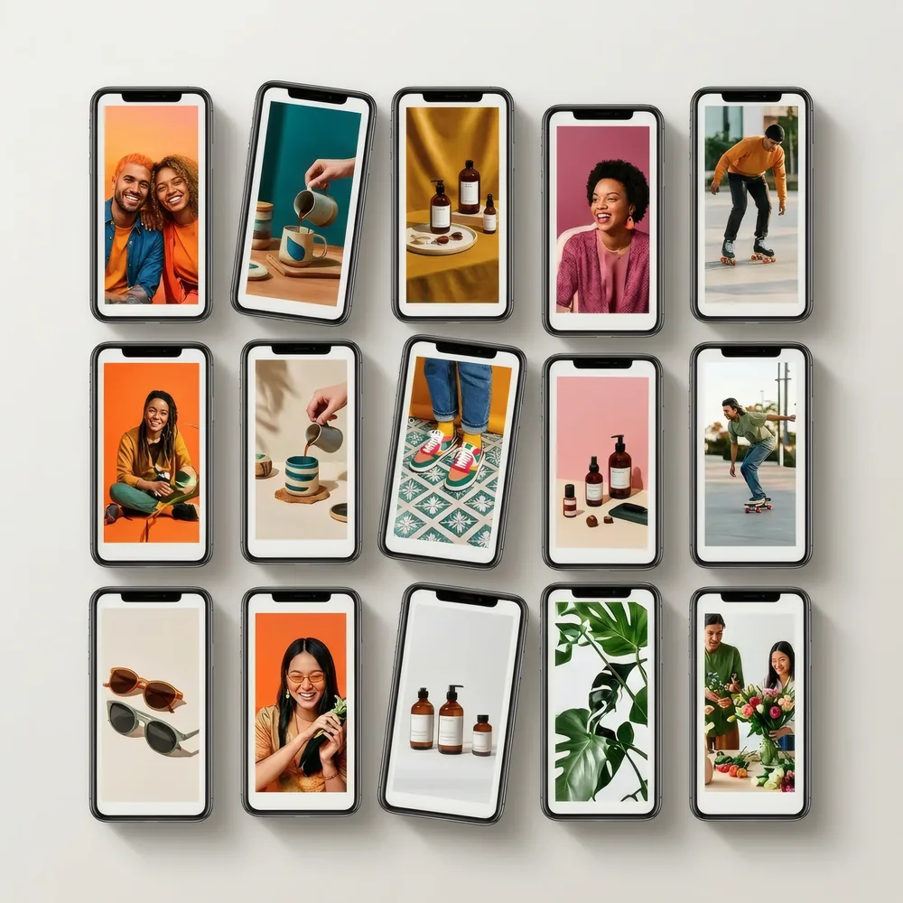 Schwebende Smartphone-Wand mit vertikalen Social-Media-Posts, Reels und Stories — Hero-Visual Social Media aus Aachen