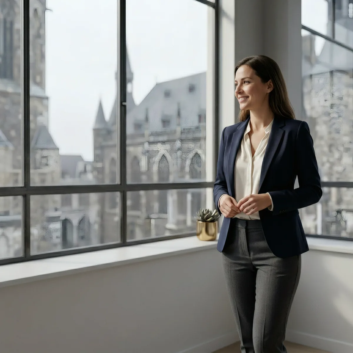 Business-Portrait einer Person im modernen Büro mit natürlichem Tageslicht und unscharfem Hintergrund — Beispiel für ein LinkedIn-Feed-Layout im Quadrat