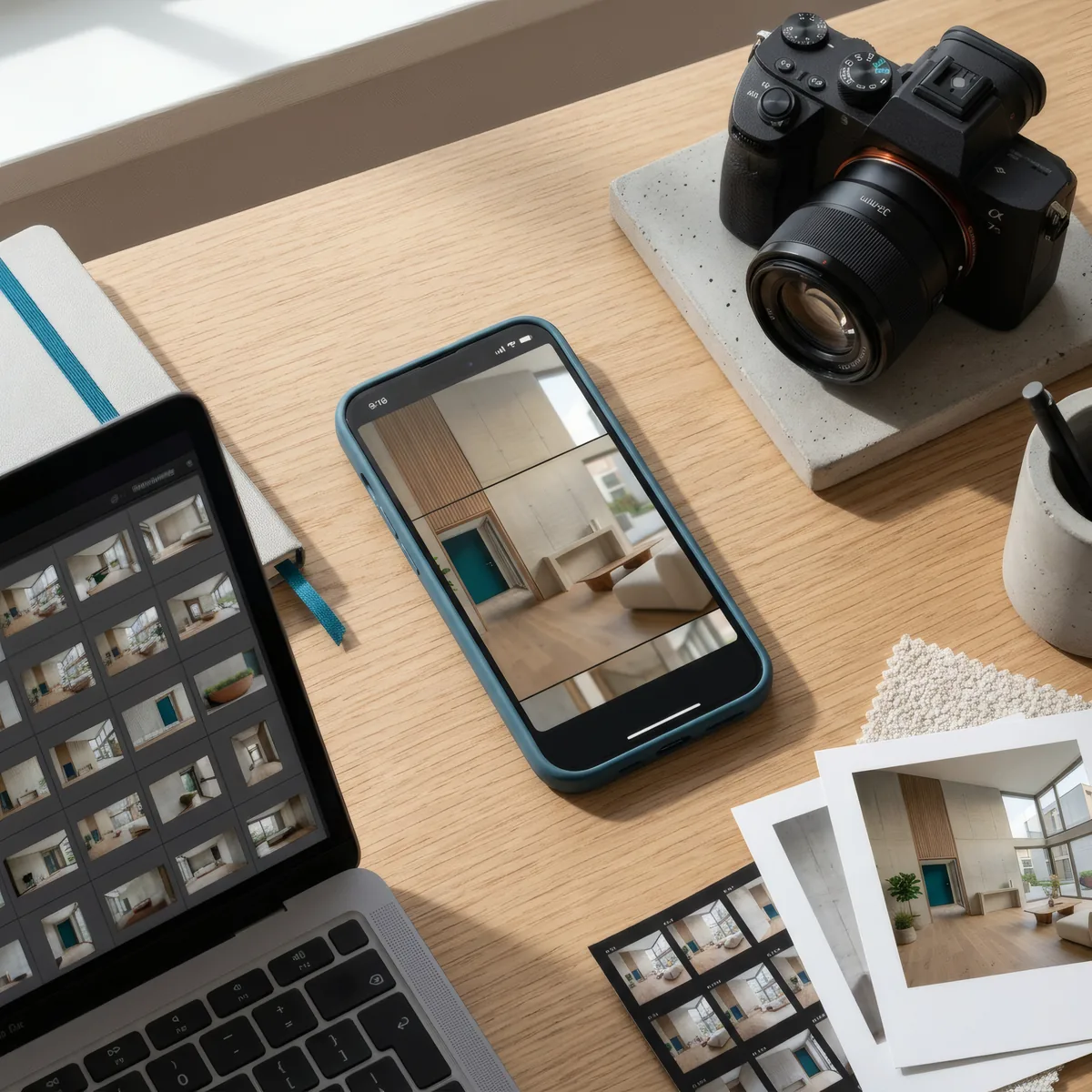 Workspace-Szene mit Smartphone, das vertikale Social-Media-Reels zeigt, Kamera und Notizen daneben — Beispiel für ein Reel-Layout im Hochformat