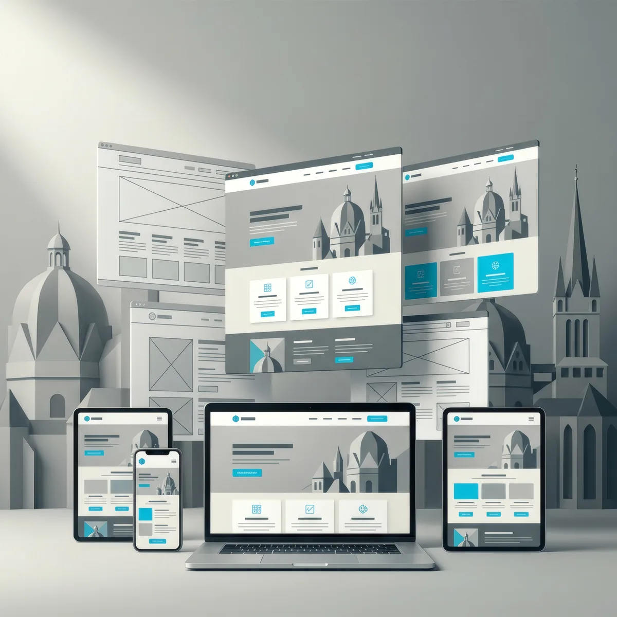Schwebende responsive Webdesign-Layouts mit subtiler Aachener Dom-Geometrie im Hintergrund — Mockup-Visual für Onepager-Webdesign aus Aachen