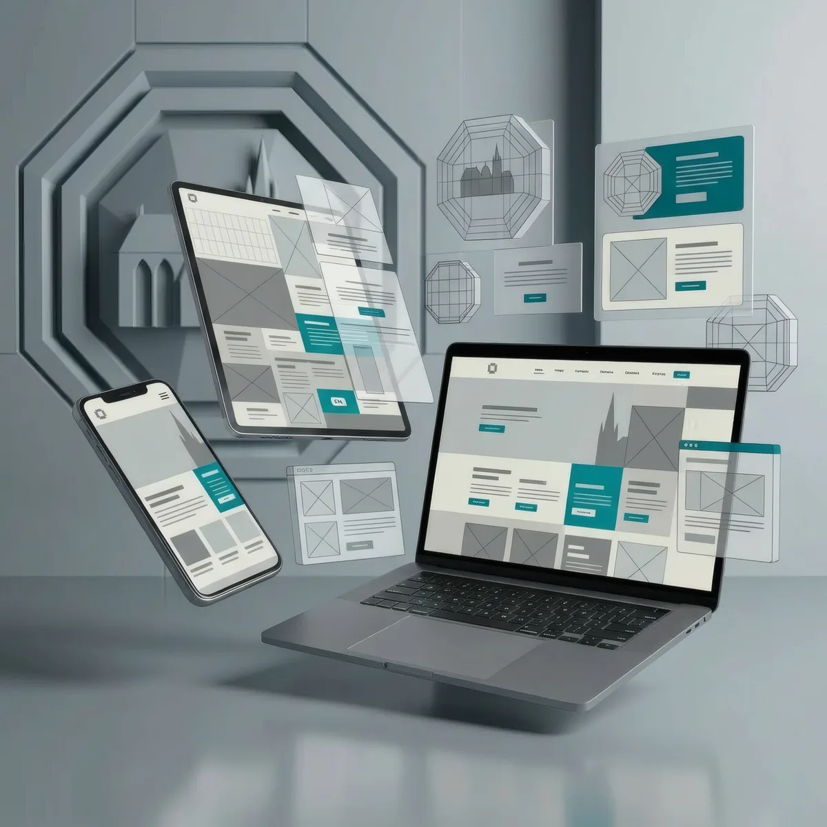 Online-Shop-Webdesign mit echten UI-Mockups und subtilen Aachener Dom-Referenzen — Mockup-Visual für E-Commerce aus Aachen